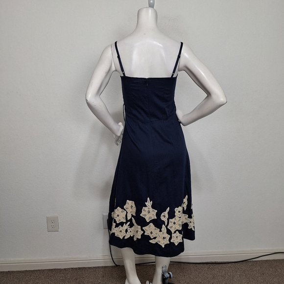 Odille Anthropologie Navy Blue Cream Rice Paper Garden Floral Midi Dress Size 2 - Picture 6 of 13